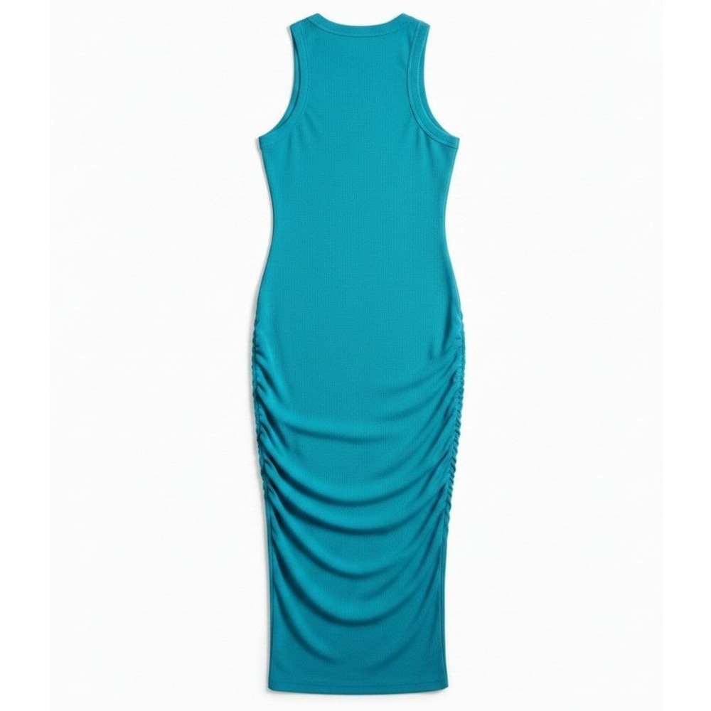 MICHAEL STARS Teal Ribbed Ruched V-Neck Sleeveless Maxi Dress Large USA $108 - Picture 4 of 7